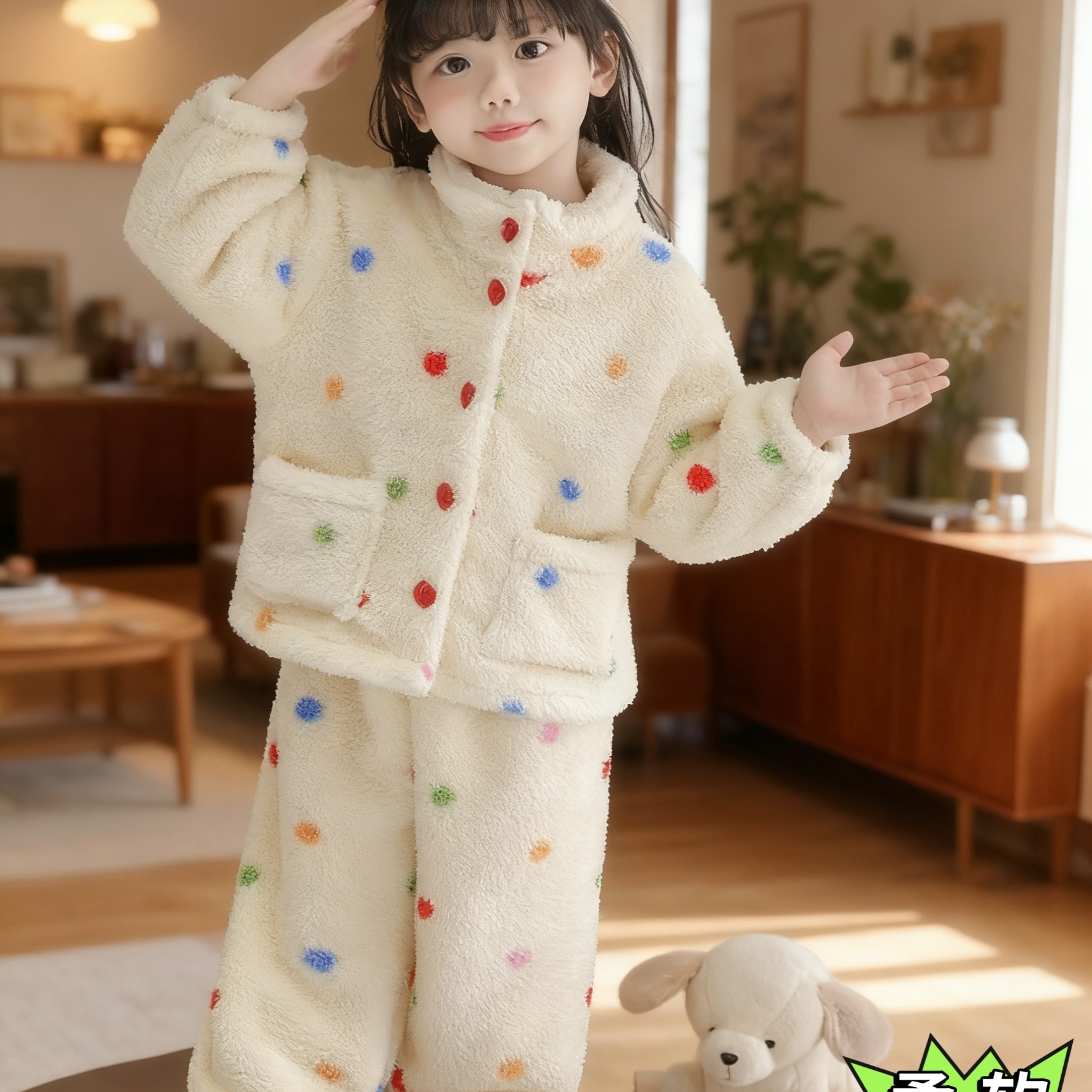 女童法兰绒圆领秋冬睡衣加厚保暖