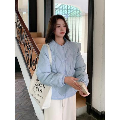 菱格轻薄羽绒服女短款新款小个子圆领2025冬季米白色95白鸭绒外套