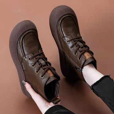 品牌鞋复古真皮厚底防滑加绒女靴