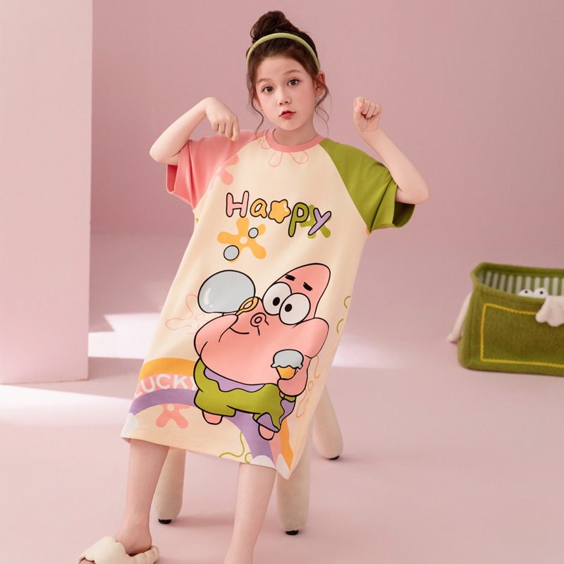 儿童睡衣女童纯棉短袖睡裙春夏季薄款派大星小女孩棉绸家居服夏款