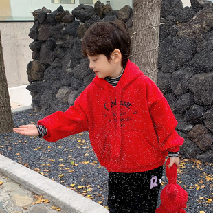 儿童连帽加绒卫衣男童秋冬过年冬装加厚喜庆红色洋气中大童卫衣潮
