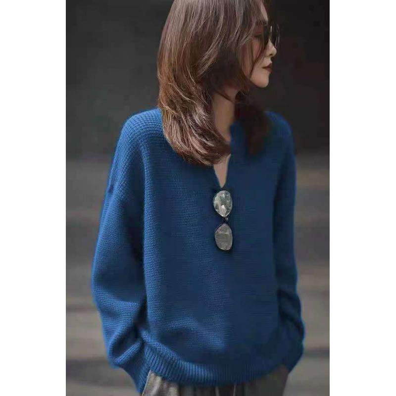 韩系复古深V领针织衫女装秋季法式氛围感穿搭毛衣宽松慵懒风上衣