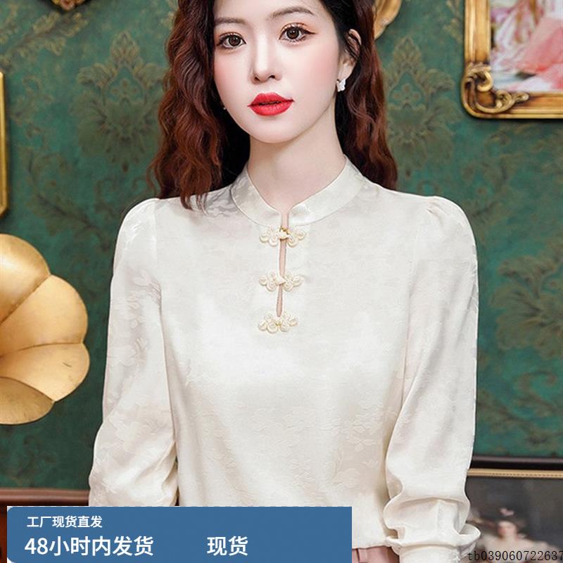 秋季新款中国风扣式提花分层女士长袖衬衫覆古民族风格宽松内缎上