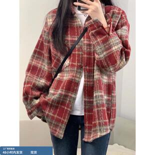 美式复古慵懒酒红色磨毛格子衬衫外套女秋冬款宽松百搭中长款衬衣