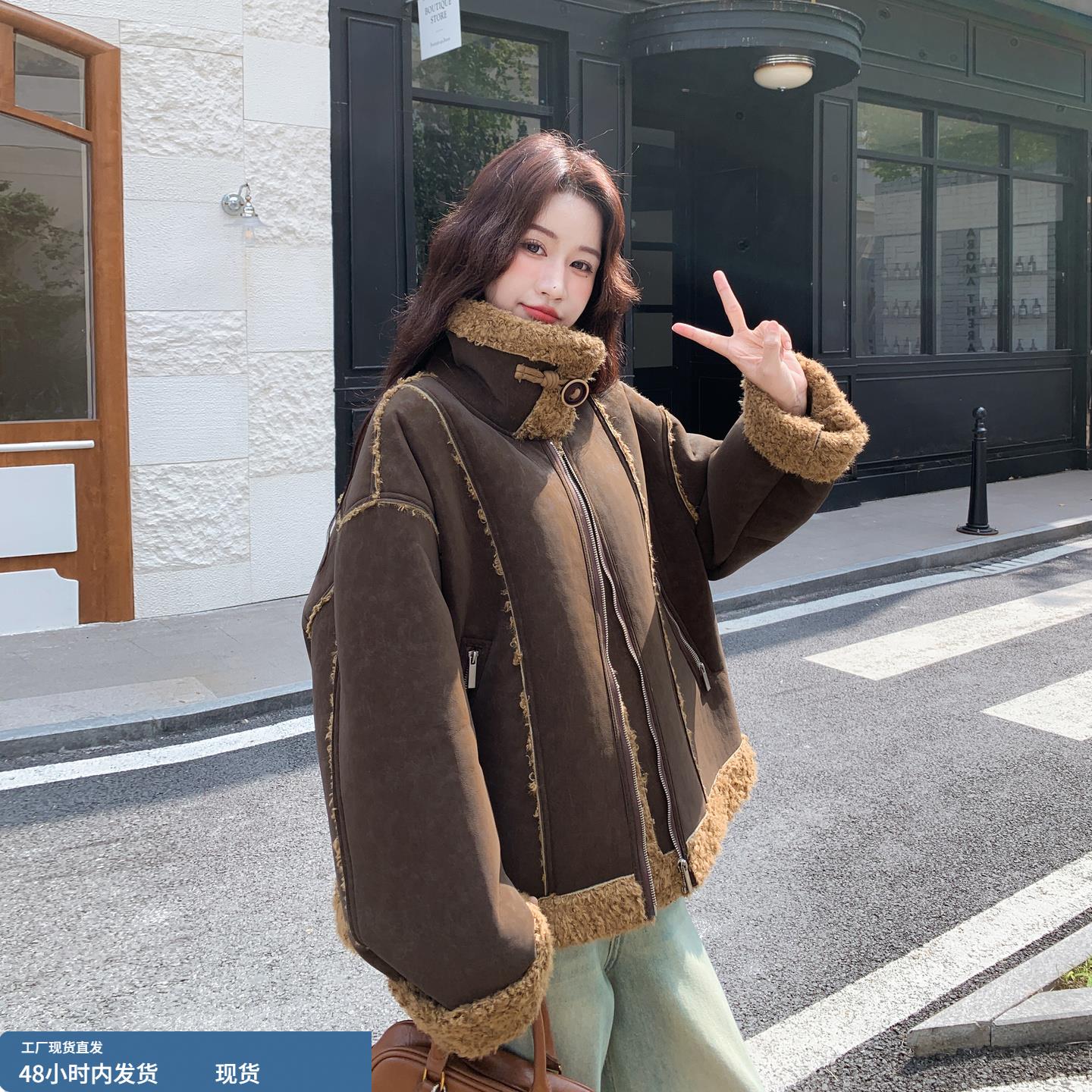 复古时髦羊羔毛复古麂皮绒外套女冬季2025年新款加厚保暖皮毛一体