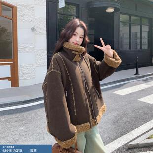 复古时髦羊羔毛复古麂皮绒外套女冬季2025年新款加厚保暖皮毛一体