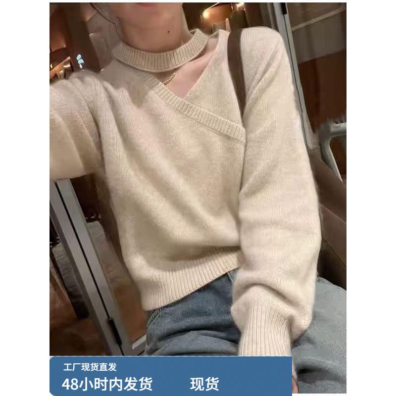 纯欲风！气质V领100纯羊绒针织衫女秋冬宽松羊毛衫套头打底衫上衣
