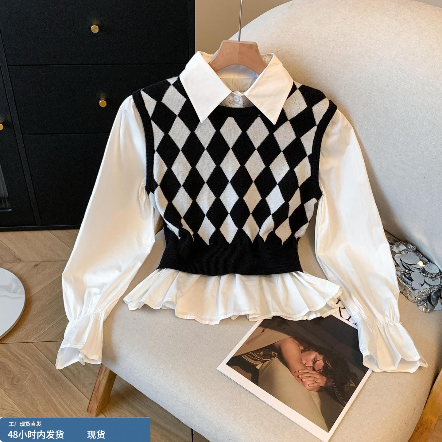 韩系小个子短款萎格针织马甲上衣女秋季法式外搭毛衣背心叠穿衬衫