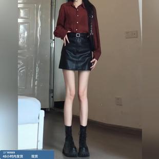 高腰显瘦a字防走光半身包臀短裙裤 辣妹黑色小皮裙女2025新款 秋季