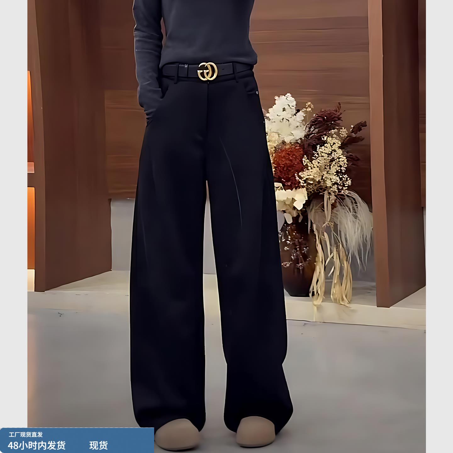 黑色拖地休闲裤子女2025新款秋冬季加绒加厚高腰显瘦廓形感阔腿裤