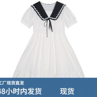 海军风连衣裙少女初中学生高中女生夏装日系JK领学院风过膝长裙子