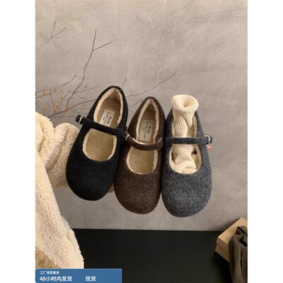 内增高加绒加厚毛毛鞋女玛丽珍配裙子豆豆鞋2025冬季新款毛呢棉鞋