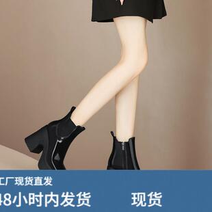 高跟女短靴厚底马丁靴真皮方头侧拉炼粗跟短筒单靴英伦牛漆皮女靴