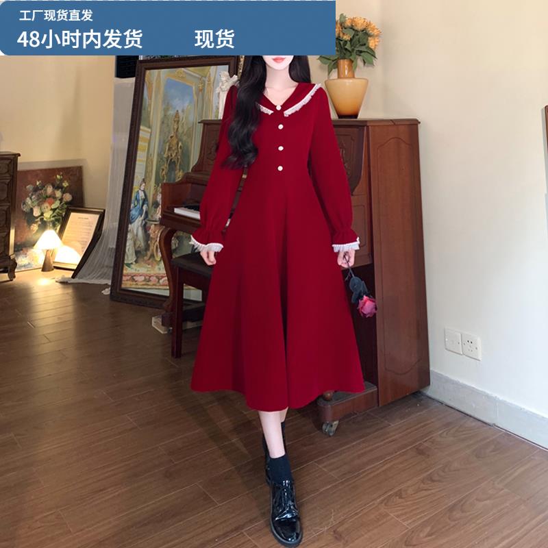 大码秋季新款高级感显瘦娃娃领法式赫本风气质金丝绒红色连衣裙子