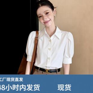 真丝女士白色泡泡袖棉衬衫女夏季短袖甜美复古上衣透气灯笼袖衬衫