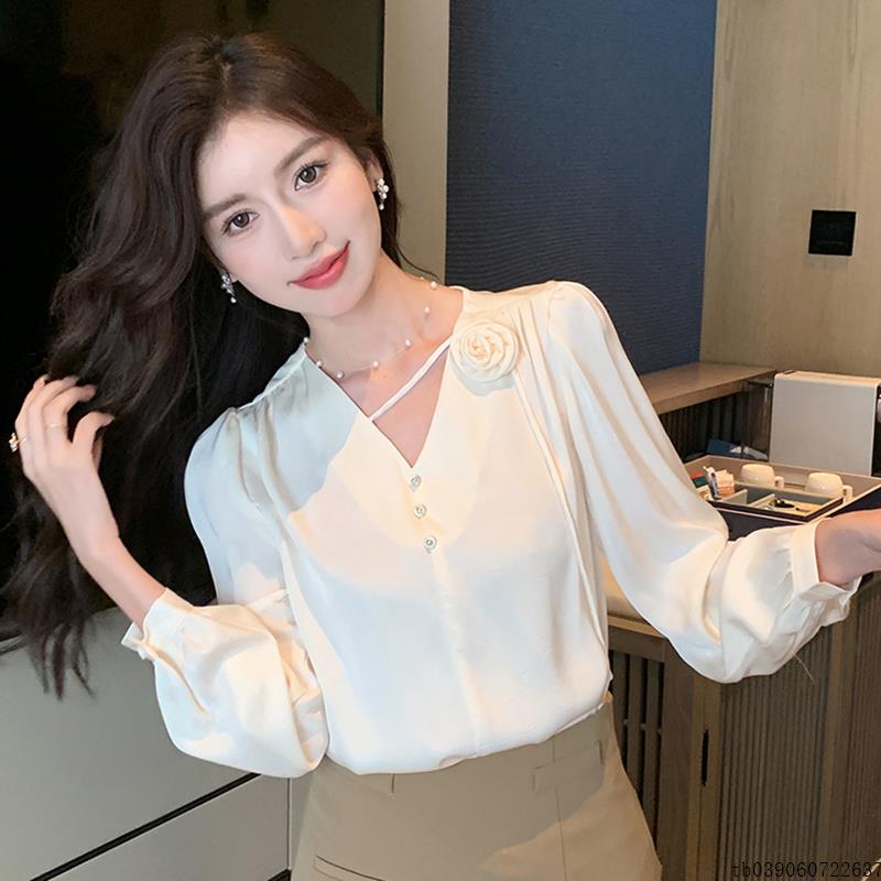 2025春季新款衬衫V领韩版百搭上衣钉珠长袖衬衫女士小衫雪纺衫女