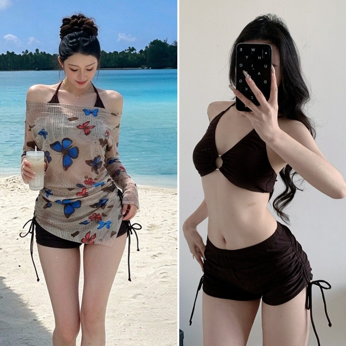 蝴蝶泳衣女新款挂脖长袖罩衫