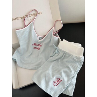 韩版复古辣妹风条纹拼接蝴蝶结吊带睡衣女夏季新款短裤家居服套装