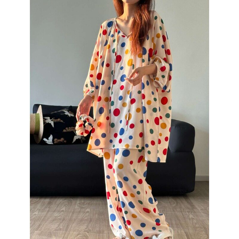 【现货】彩色睡衣女款春秋2026新款宽松大码长袖长裤家居服套装夏