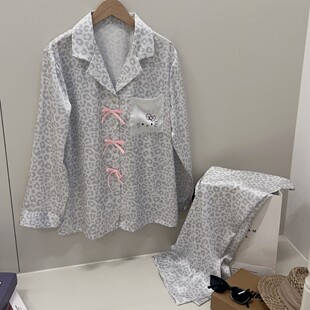 女生睡衣维家同款粉豹纹套装卡通丝绸KT猫冰丝春秋家居服套装