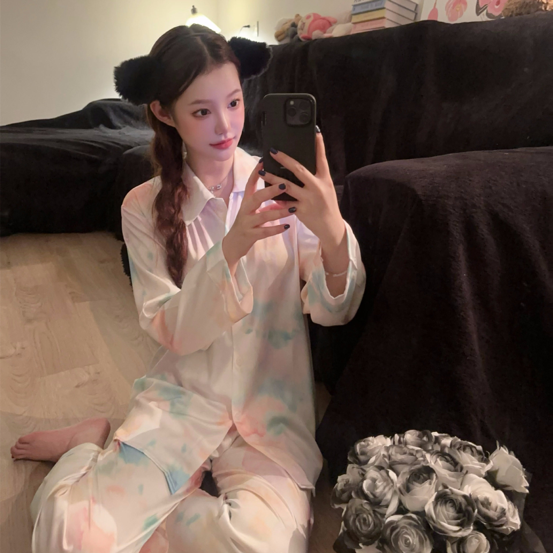 【艺术画染】原创设计扎染彩绘衬衫冰丝睡衣春秋长袖家居服套装女