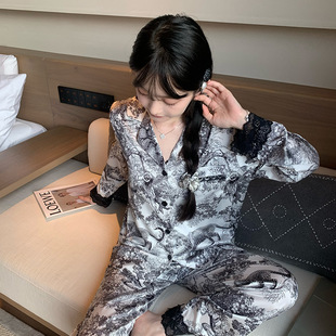 舒适凉爽家居服可外穿套装 丛林蕾丝三件套女士轻奢睡衣丝绸春夏季