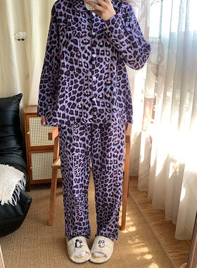 韩系紫色豹纹印花设计睡衣女春秋季2025新款大码可外穿家居服套装