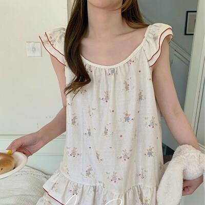 纯棉无袖睡衣女夏季薄款无袖短裤夏天套装家居服甜柚小飞边系列