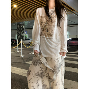 慵懒风复古印花可外穿睡衣女夏季 宽松长袖 韩版 大码 长裤 家居服套装