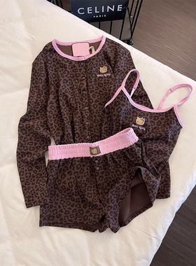 韩版纯欲风性感辣妹kitty豹纹吊带长袖睡衣女秋季新款短裤家居服