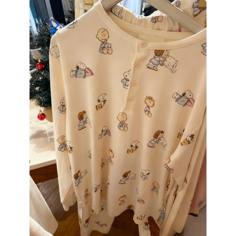 韩系卡通史努比印花睡衣女秋冬季新款棉质大码长袖长裤家居服套装