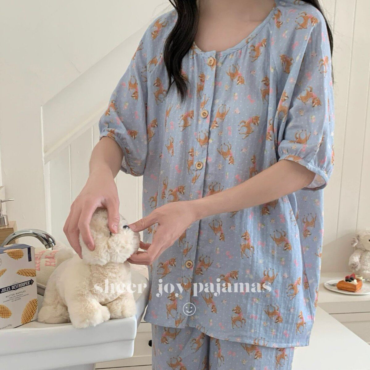 2026春夏季新款少女短袖数码印花纱布家居服圆领休闲睡衣蓝色小鹿