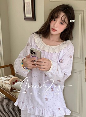 秋冬新款全棉双层纱柔软花边碎花女士家居服长袖长裤紫色布丁狗