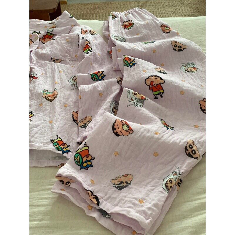 日系卡通蜡笔小新印花睡衣女款2026春季新款亲肤舒适纯棉居家套装