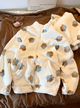 卡通可爱小羊白色珊瑚绒睡衣女款秋冬新款加厚保暖大码居家服套装