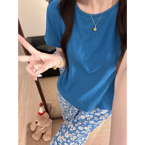 韩版克莱因多巴胺蓝色花边短袖睡衣女夏季可外穿菊花长裤家居套装
