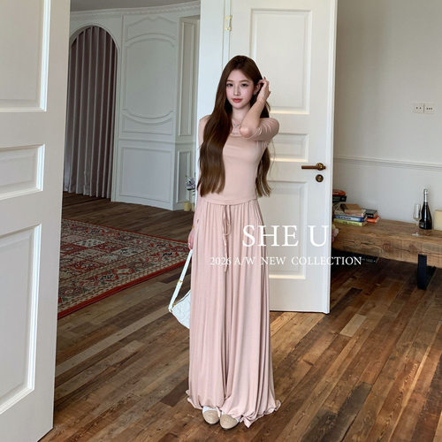 SHE U 少女韩系慵懒风松紧腰大摆阔腿裤2026秋款百搭好穿休闲裤子