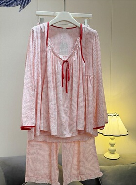 新中式甜美风条纹长袖睡衣春秋季2026新款长袖长裤居家服三件套装