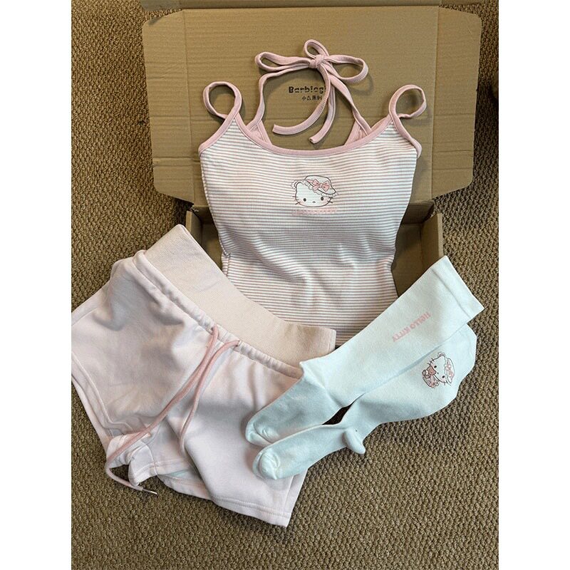 带胸垫条纹kt吊带睡衣女款夏季可外穿亲肤显瘦抹胸短裤家居服套装