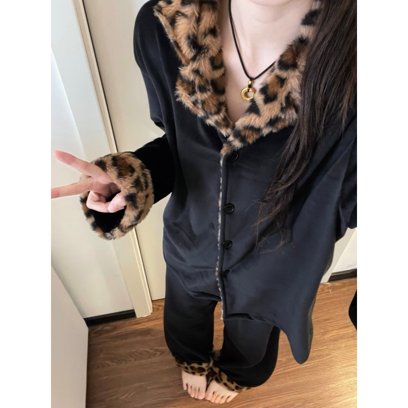 韩版高级感豹纹保暖海岛绒睡衣女冬季新款大码加厚加绒家居服套装