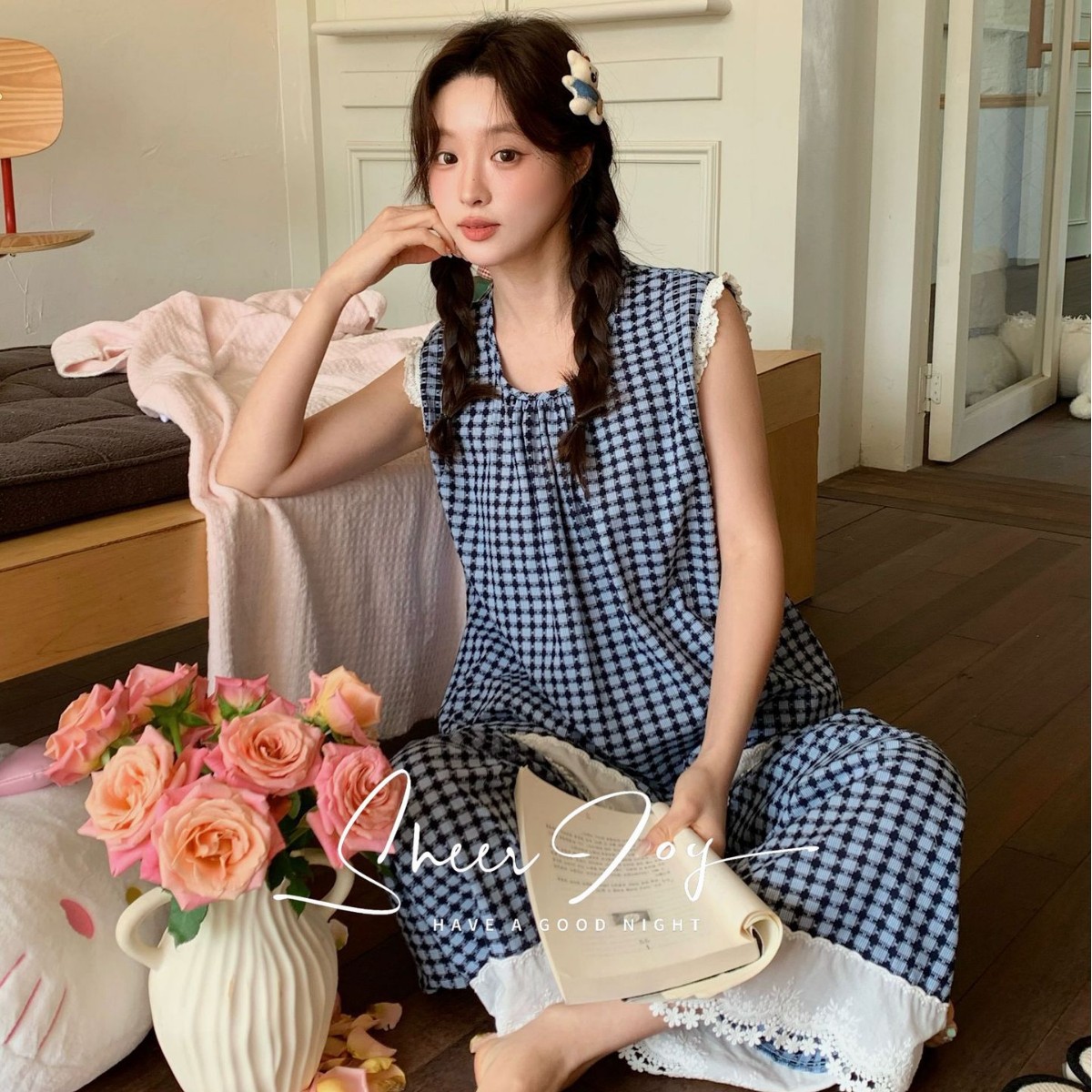 2026新款纱布圆领日系睡衣女长背心长裤甜美公主风家居服两件套装
