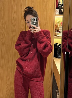 韩系新年红色半边绒翻领睡衣女冬季新款加绒加厚家居服套装可外穿