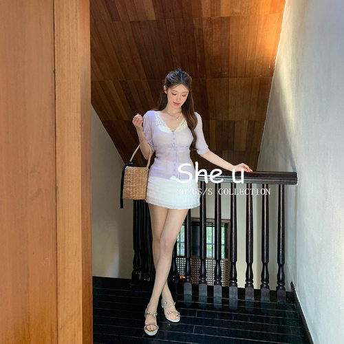 SHE U 少女韩系甜美风蕾丝褶皱蛋糕裙2026早春新款百搭显瘦短裙