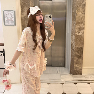 kitty印花冰丝睡衣女款 新款 可爱hello 夏季 家居服两件套 短袖 长裤