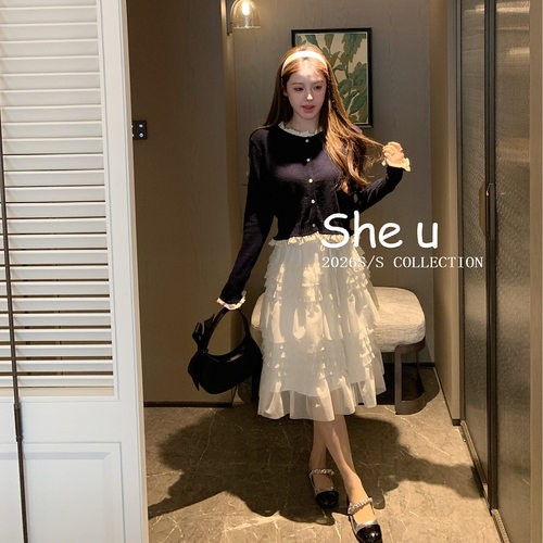 SHE U法式甜美网纱拼接松紧腰半裙2026春新款百搭显瘦系带蛋糕裙