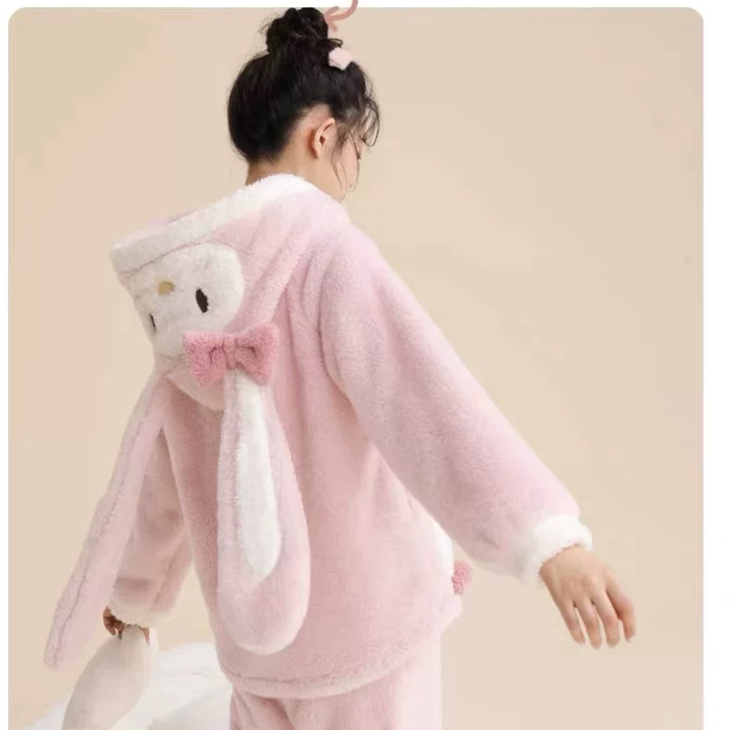 2025新款秋冬季可爱长耳兔耳朵卡通少女珊瑚绒睡衣保暖家居服套装