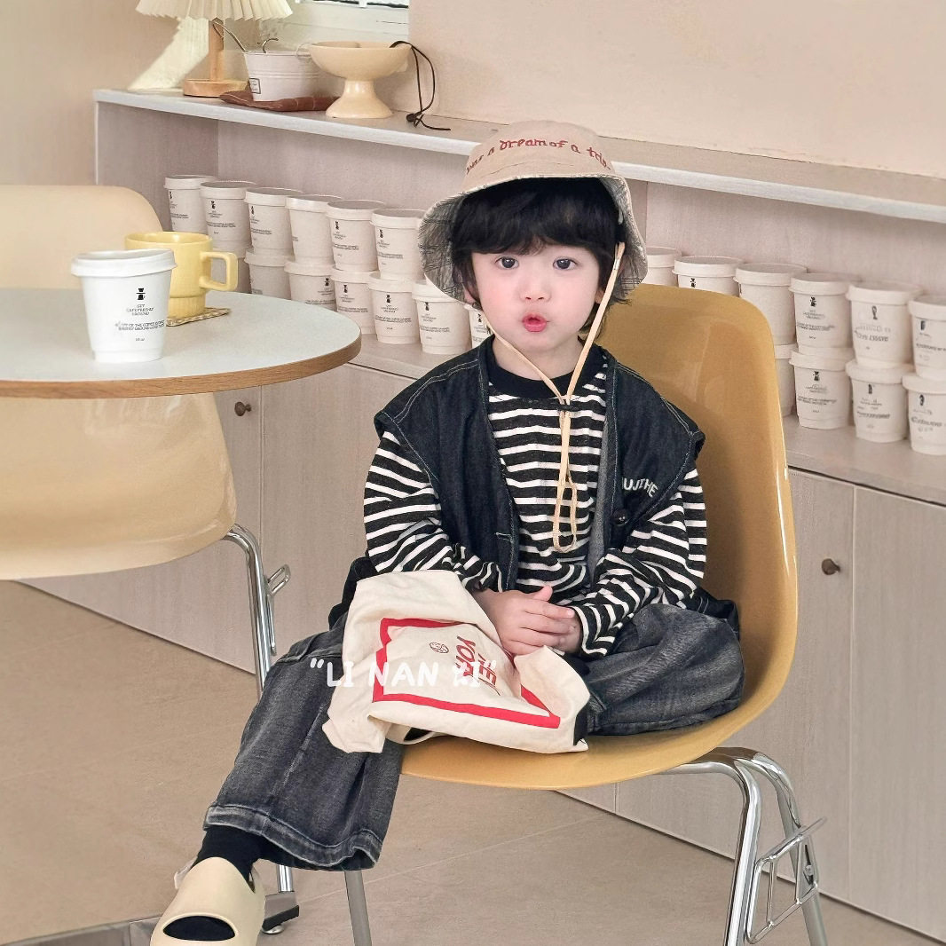 里南希 儿童韩系纯色牛仔马甲春夏新款宝宝小众工装运动裤打底衫