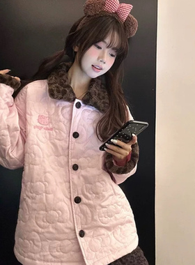 豹纹kitty猫睡衣套装女冬季宽松保暖加厚保暖家居服两件套可外穿