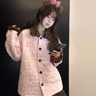 豹纹kitty猫睡衣套装女冬季宽松保暖加厚保暖家居服两件套可外穿