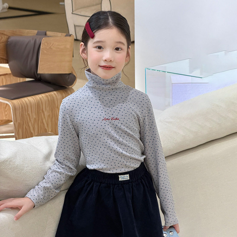 艾摩贝贝女童高弹修身金品羊绒软糯高领碎花打底衫堆堆领内搭上衣